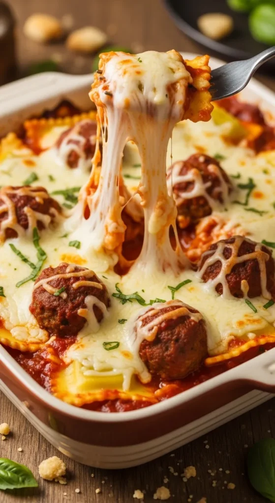 Cheesy Four-Cheese Ravioli Meatball Bake