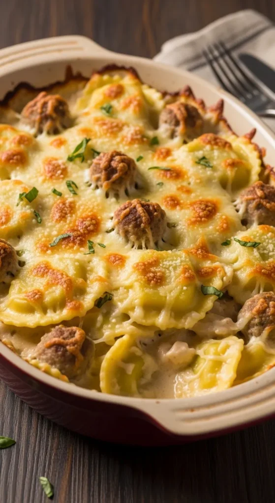 Creamy Alfredo Meatball Ravioli Bake