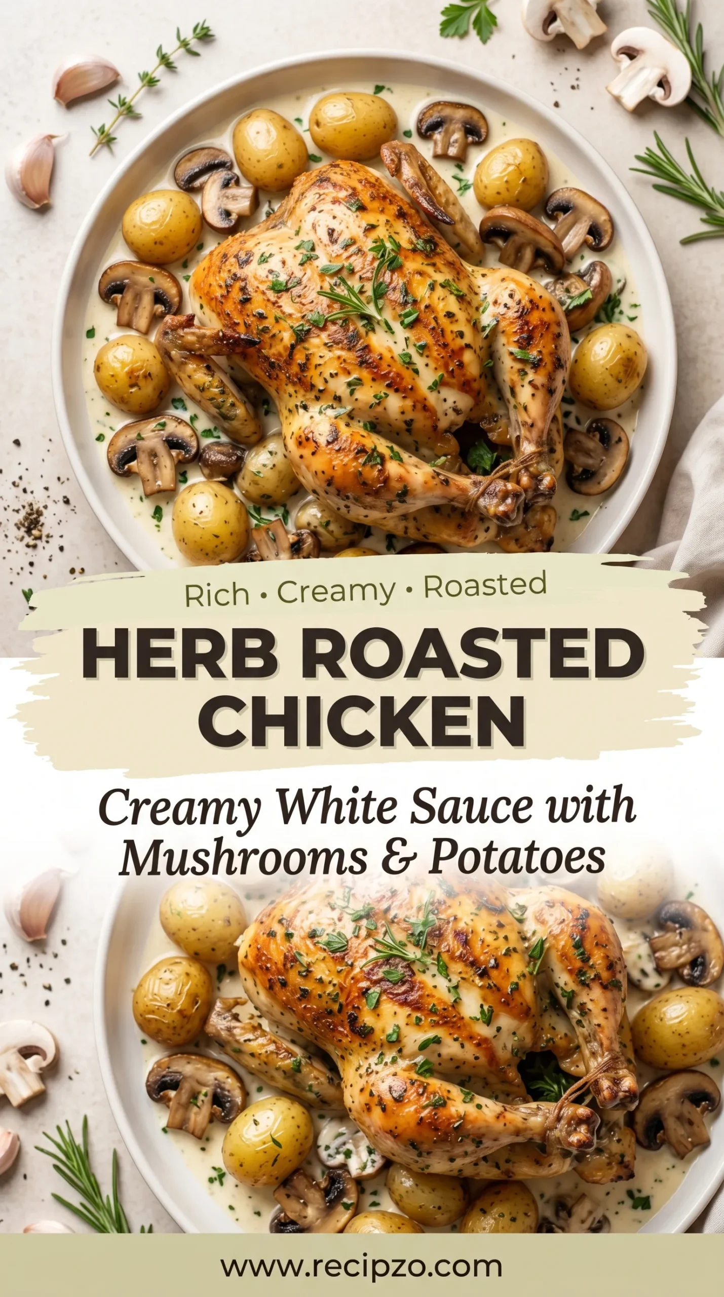 Herb Roasted Chicken in Creamy White Sauce with Mushrooms & Potatoes (Summer Recipe)