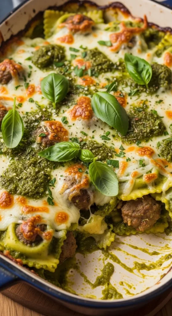 Pesto Meatball Ravioli Bake