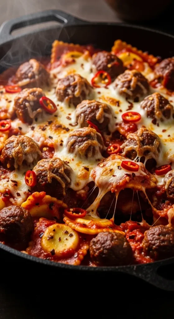 Spicy Meatball Ravioli Casserole