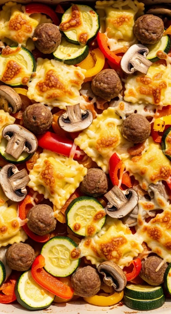 Veggie-Loaded Meatball Ravioli Casserole