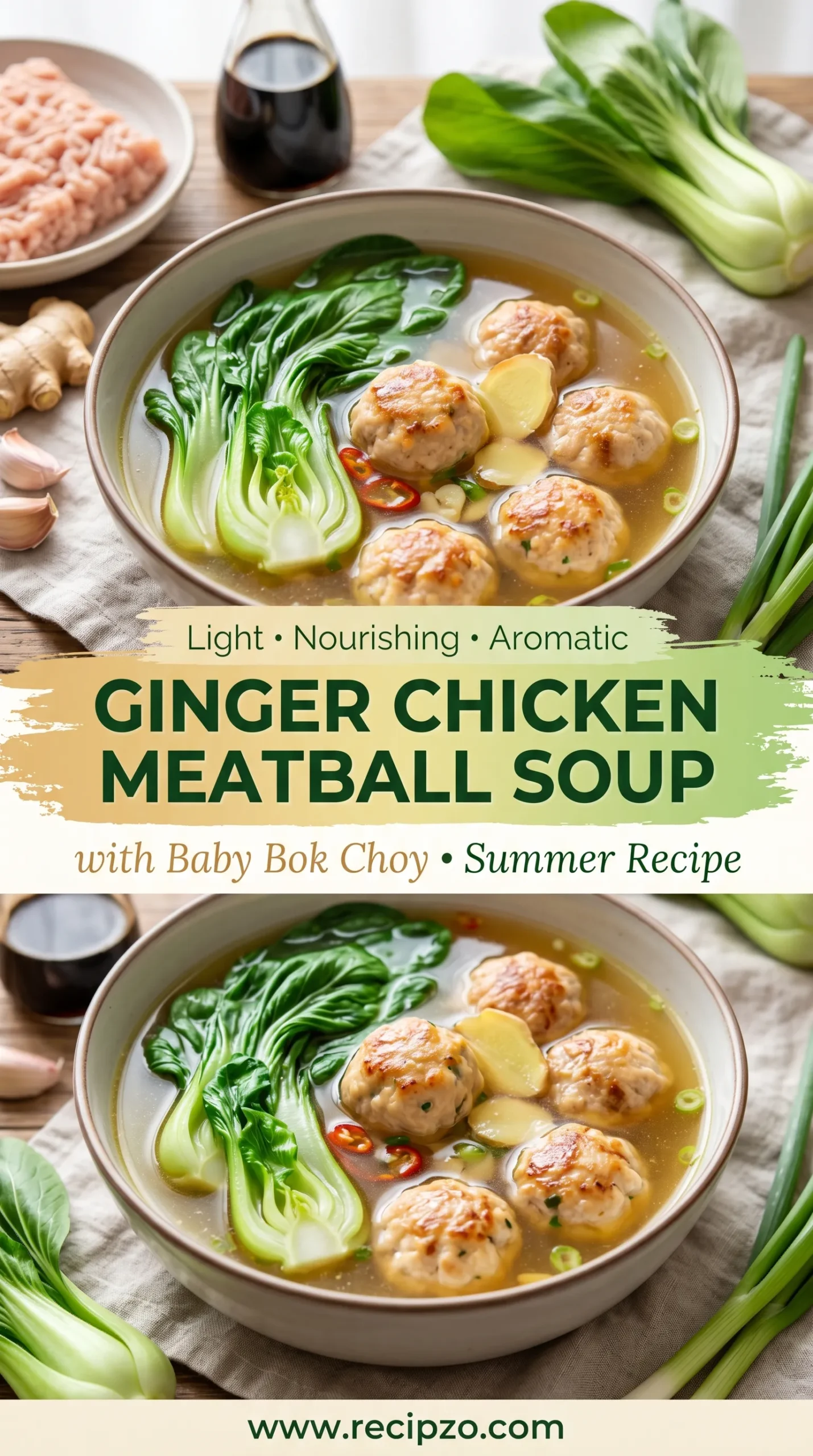 Ginger Chicken Meatball Soup with Baby Bok Choy Summer Recipe