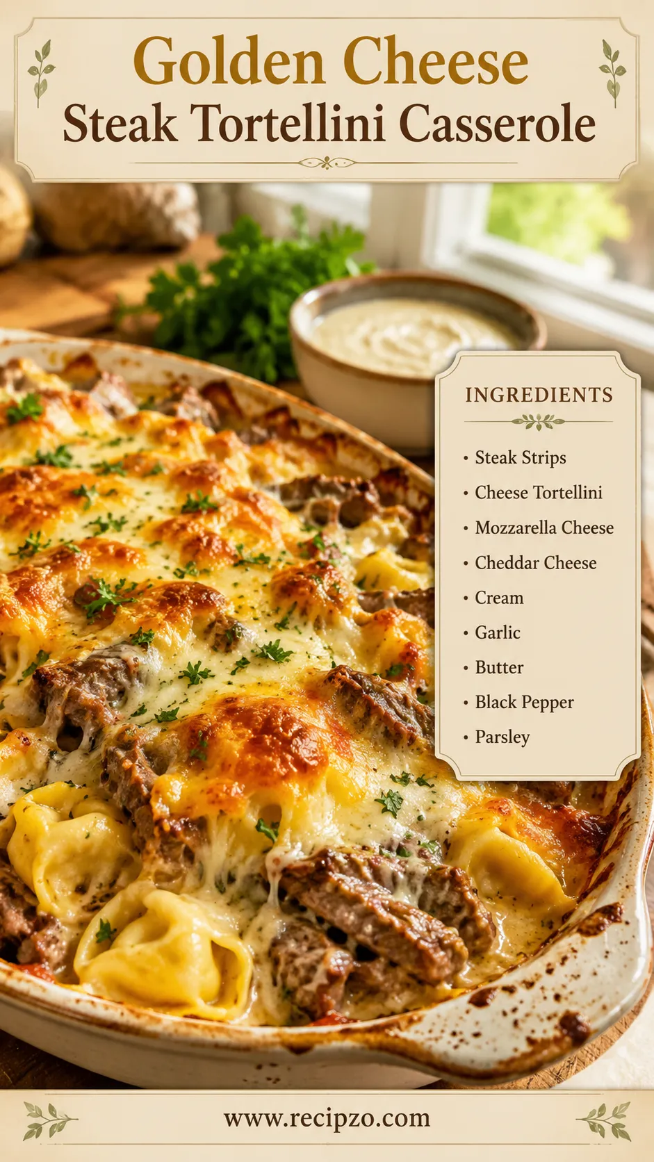 Golden Cheese Steak Tortellini Casserole Summer Recipe