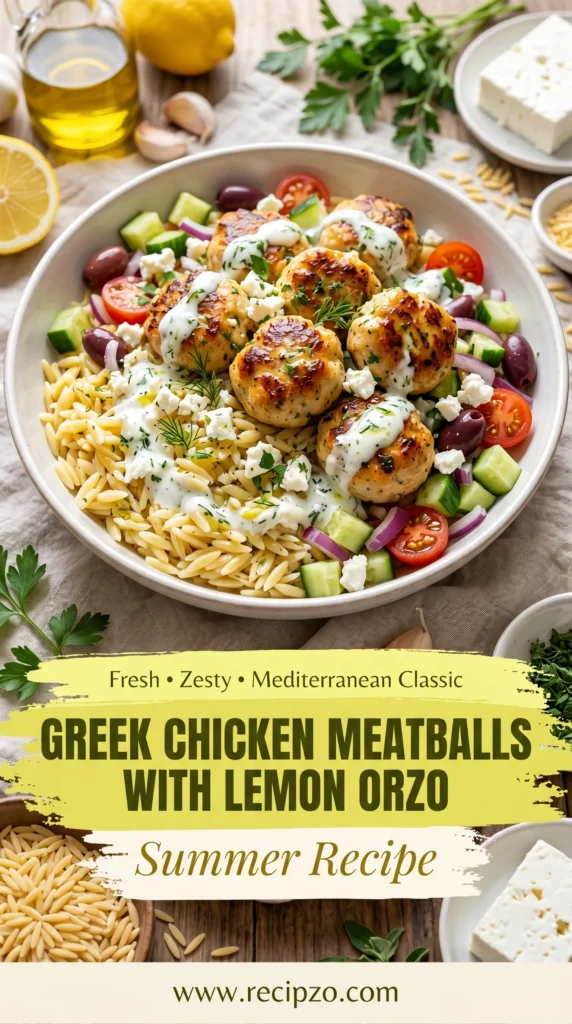 Greek Chicken Meatballs with Lemon Orzo Summer Recipe