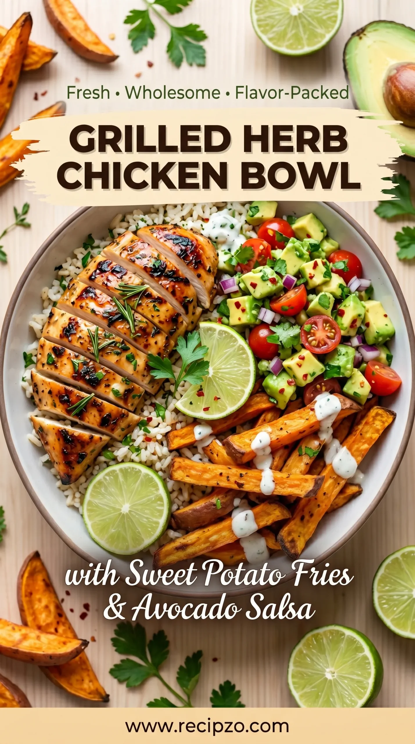 Grilled Herb Chicken Bowl with Sweet Potato Fries & Avocado Salsa (Summer Recipe)