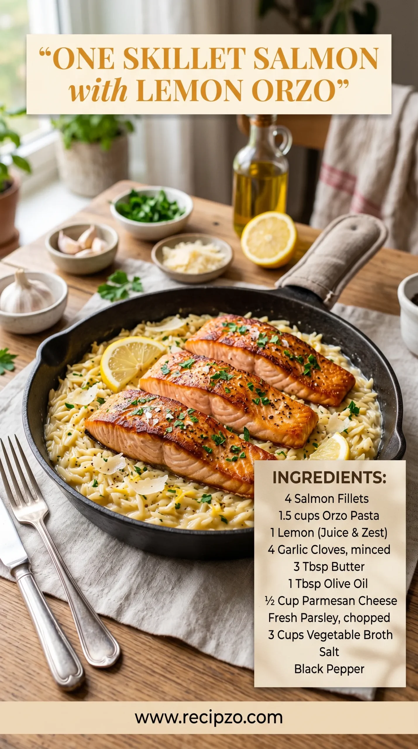 One Skillet Salmon with Lemon Orzo Summer Recipe