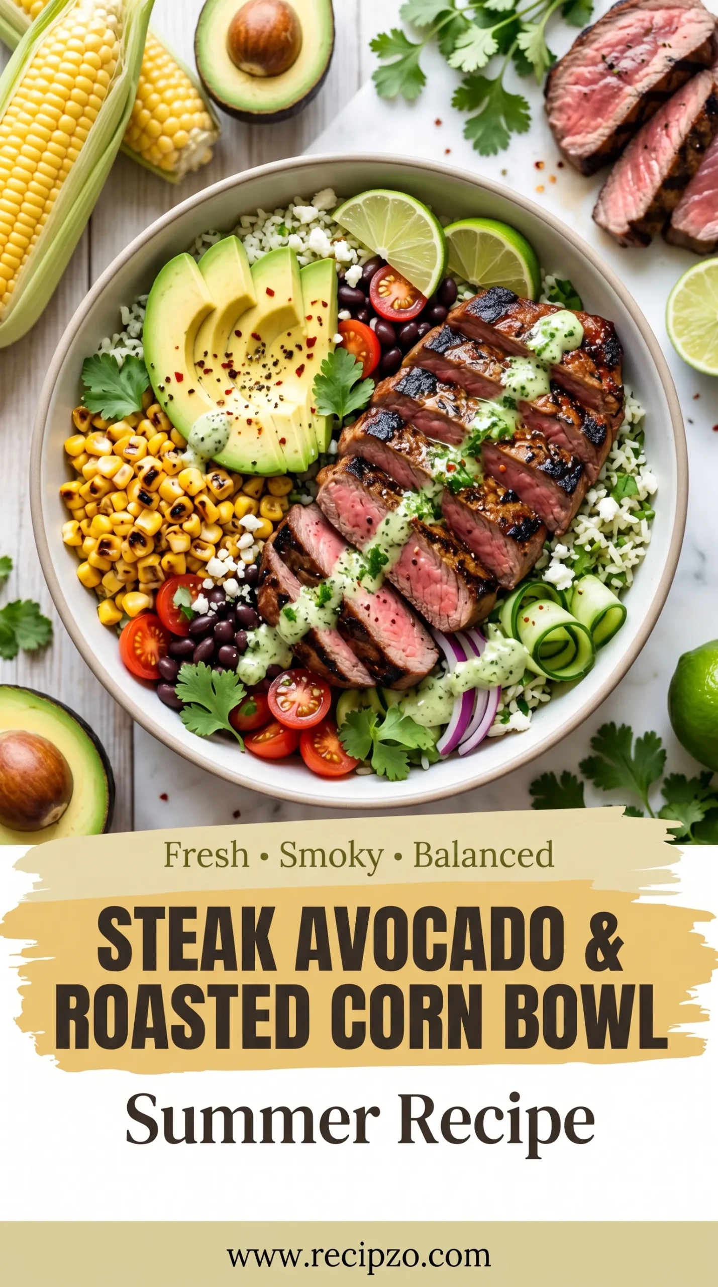Steak Avocado and Roasted Corn Bowl Summer Recipe