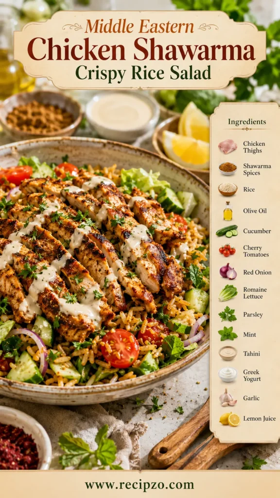 Middle Eastern Chicken Shawarma Crispy Rice Salad Summer Recipe
