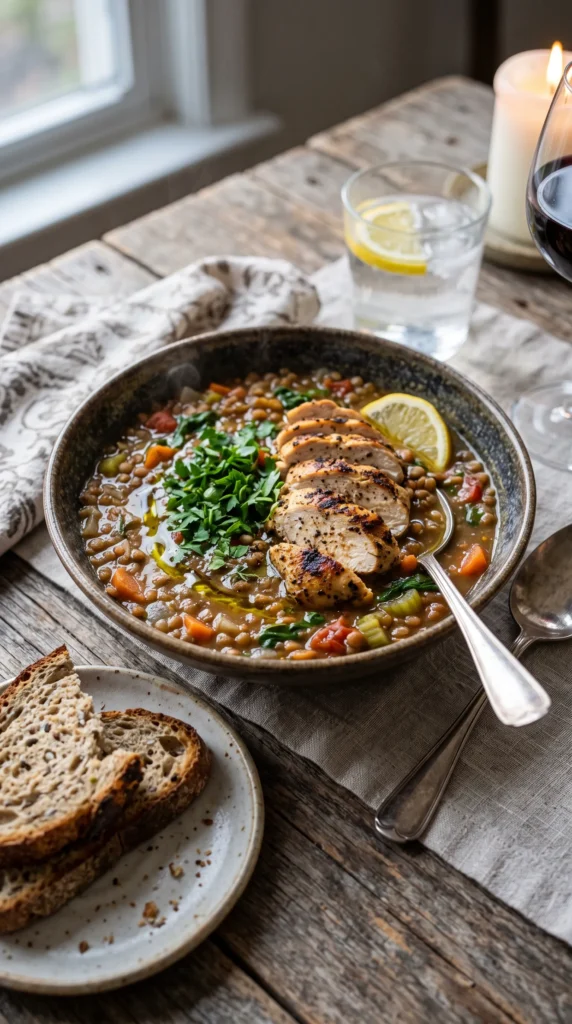 Mediterranean Lentil Soup with Grilled Chicken