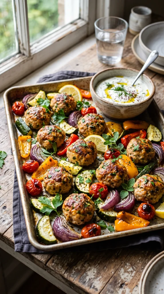 Mediterranean Turkey Meatballs with Roasted Vegetables
