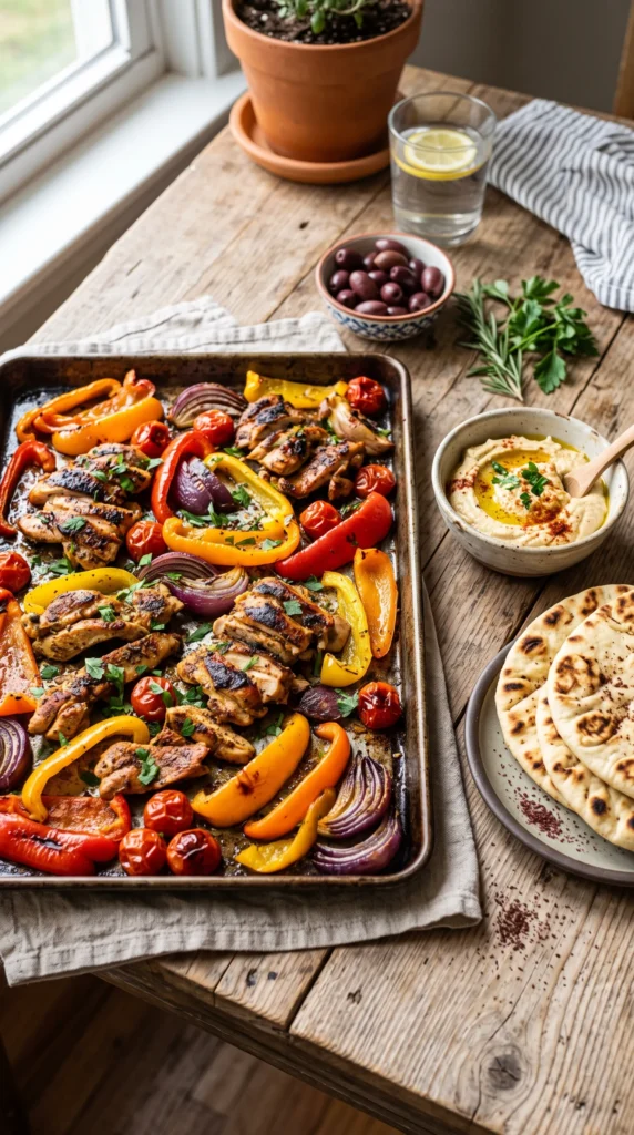 Sheet Pan Chicken Fajita-Style Mediterranean Dinner