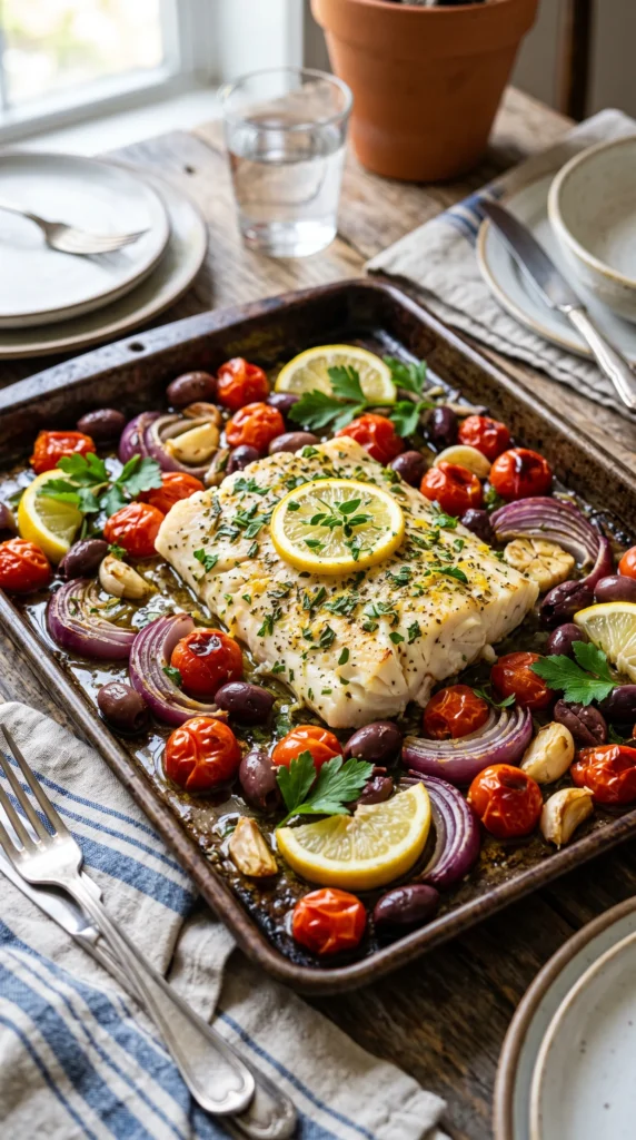 Sheet Pan Cod with Tomatoes and Olives